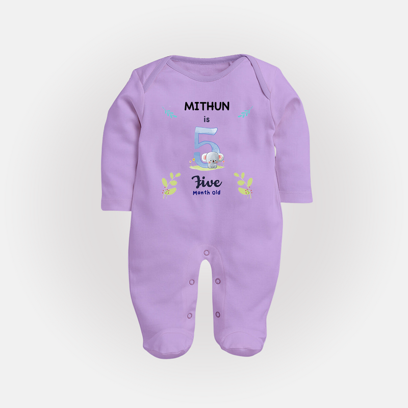 5 Month Milestone Baby Full Sleeve Bodysuit/ Sleep Suit/ Jumpsuit Outfit | Personalized Full Sleeve Bodysuit/ Sleep Suit/ Jumpsuit | Perfect for Photoshoots - LILAC - New Born (Chest 7.5")