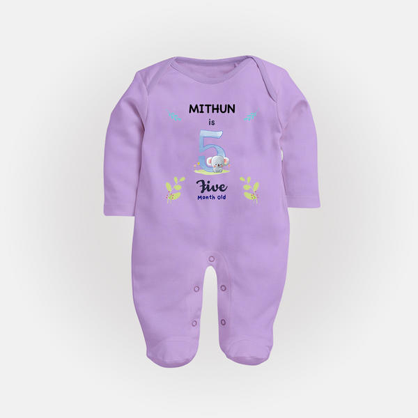 5 Month Milestone Baby Full Sleeve Bodysuit/ Sleep Suit/ Jumpsuit Outfit | Personalized Full Sleeve Bodysuit/ Sleep Suit/ Jumpsuit | Perfect for Photoshoots - LILAC - New Born (Chest 7.5")