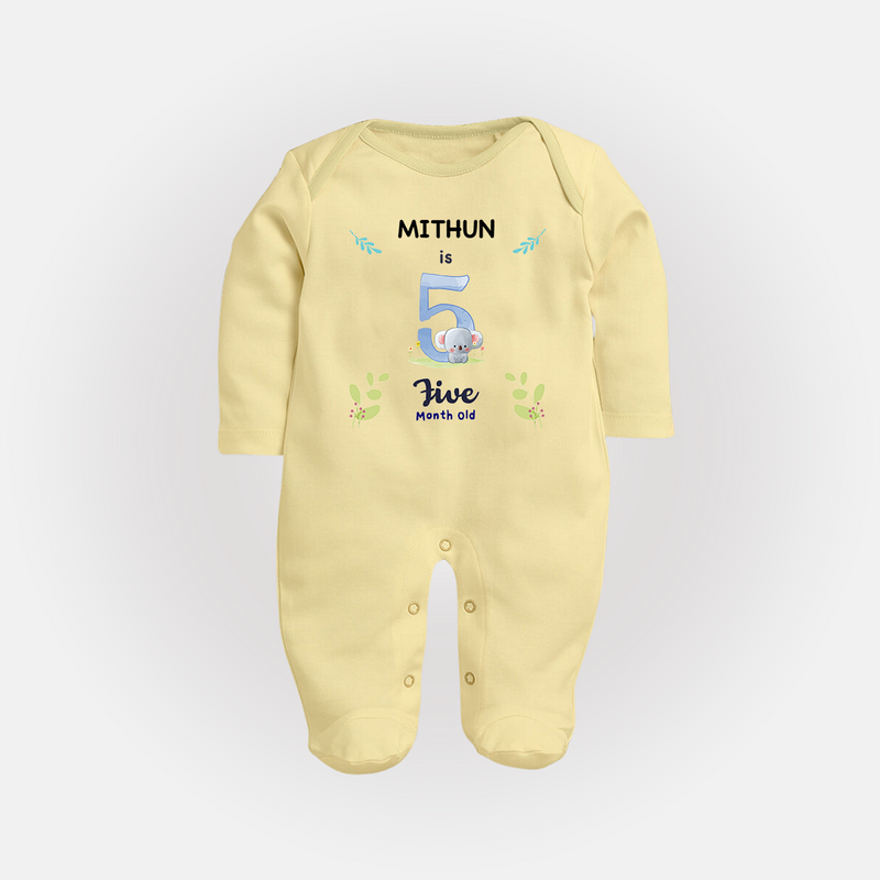 5 Month Milestone Baby Full Sleeve Bodysuit/ Sleep Suit/ Jumpsuit Outfit | Personalized Full Sleeve Bodysuit/ Sleep Suit/ Jumpsuit | Perfect for Photoshoots - PASTEL YELLOW - New Born (Chest 7.5")
