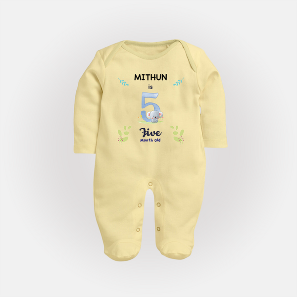 5 Month Milestone Baby Full Sleeve Bodysuit/ Sleep Suit/ Jumpsuit Outfit | Personalized Full Sleeve Bodysuit/ Sleep Suit/ Jumpsuit | Perfect for Photoshoots - PASTEL YELLOW - New Born (Chest 7.5")