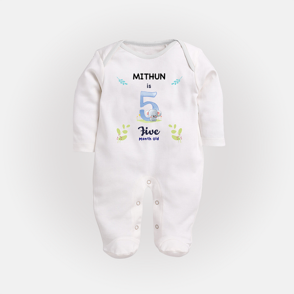 5 Month Milestone Baby Full Sleeve Bodysuit/ Sleep Suit/ Jumpsuit Outfit | Personalized Full Sleeve Bodysuit/ Sleep Suit/ Jumpsuit | Perfect for Photoshoots - WHITE - New Born (Chest 7.5")