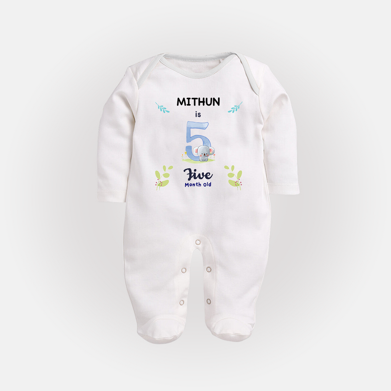 5 Month Milestone Baby Full Sleeve Bodysuit/ Sleep Suit/ Jumpsuit Outfit | Personalized Full Sleeve Bodysuit/ Sleep Suit/ Jumpsuit | Perfect for Photoshoots - WHITE - New Born (Chest 7.5")
