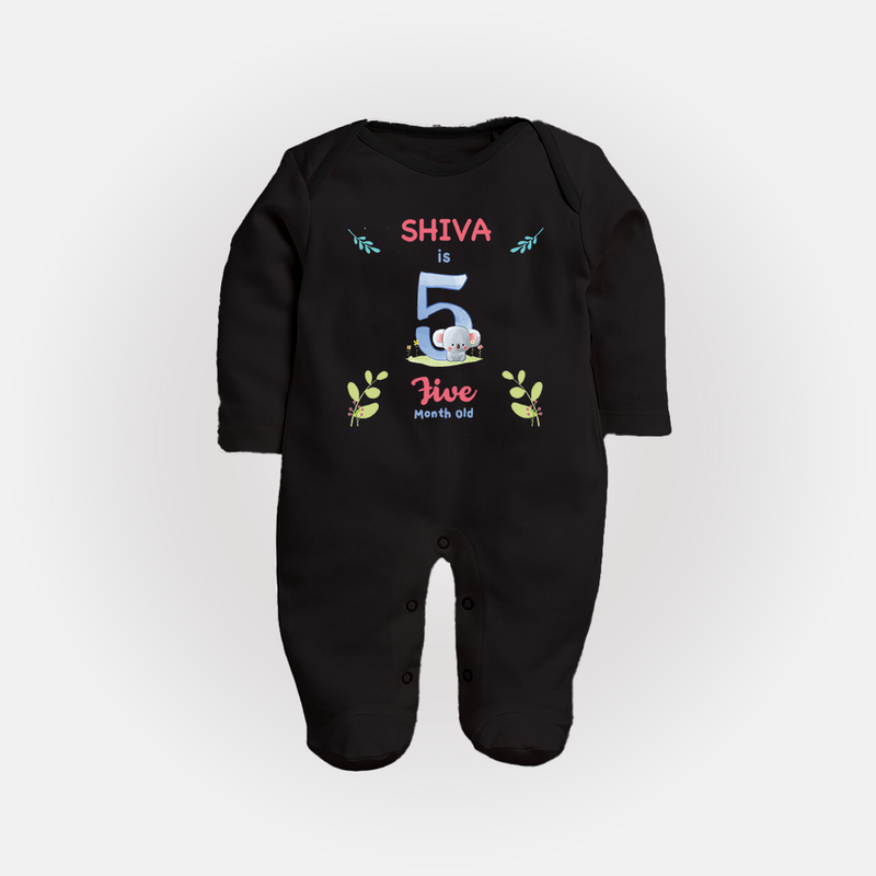 5 Month Milestone Baby Full Sleeve Bodysuit/ Sleep Suit/ Jumpsuit Outfit | Personalized Full Sleeve Bodysuit/ Sleep Suit/ Jumpsuit | Perfect for Photoshoots - BLACK - New Born (Chest 7.5")