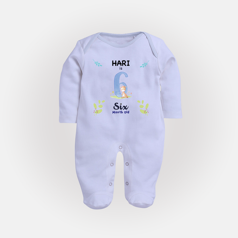 6 Month Milestone Baby Full Sleeve Bodysuit/ Sleep Suit/ Jumpsuit Outfit | Personalized Full Sleeve Bodysuit/ Sleep Suit/ Jumpsuit | Perfect for Photoshoots - BABY BLUE - New Born (Chest 7.5")