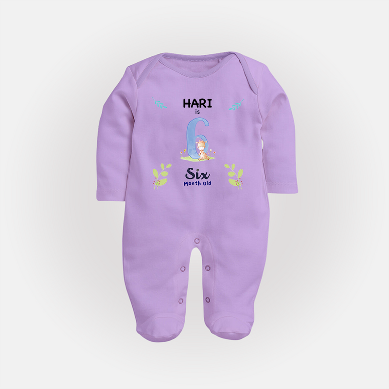 6 Month Milestone Baby Full Sleeve Bodysuit/ Sleep Suit/ Jumpsuit Outfit | Personalized Full Sleeve Bodysuit/ Sleep Suit/ Jumpsuit | Perfect for Photoshoots - LILAC - New Born (Chest 7.5")