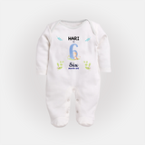 6 Month Milestone Baby Full Sleeve Bodysuit/ Sleep Suit/ Jumpsuit Outfit | Personalized Full Sleeve Bodysuit/ Sleep Suit/ Jumpsuit | Perfect for Photoshoots - WHITE - New Born (Chest 7.5")