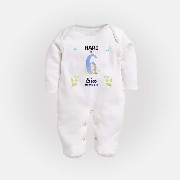 6 Month Milestone Baby Full Sleeve Bodysuit/ Sleep Suit/ Jumpsuit Outfit | Personalized Full Sleeve Bodysuit/ Sleep Suit/ Jumpsuit | Perfect for Photoshoots - WHITE - New Born (Chest 7.5")