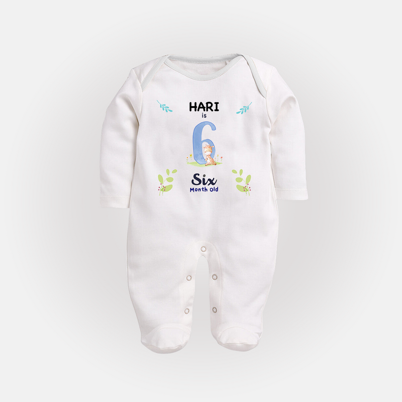 6 Month Milestone Baby Full Sleeve Bodysuit/ Sleep Suit/ Jumpsuit Outfit | Personalized Full Sleeve Bodysuit/ Sleep Suit/ Jumpsuit | Perfect for Photoshoots - WHITE - New Born (Chest 7.5")