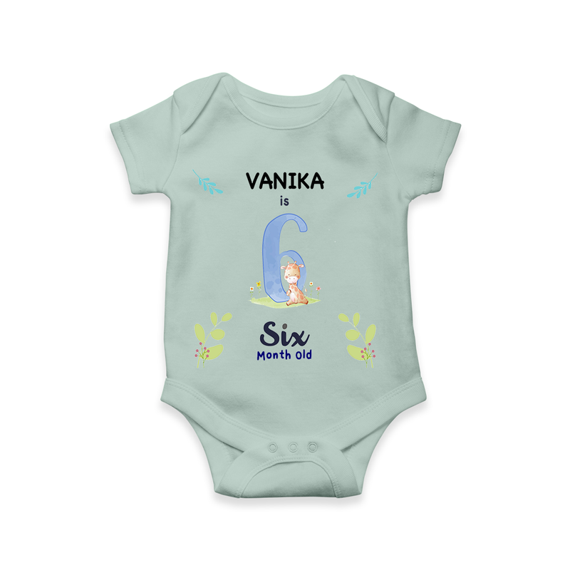 Celebrate The 6th Month Birthday Custom Romper/ Onesie, Personalized with your little one's name - MINT GREEN - 0 - 3 Months Old (Chest 16")