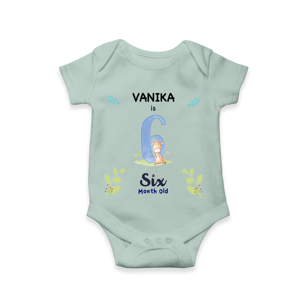 Celebrate The 6th Month Birthday Custom Romper/ Onesie, Personalized with your little one's name - MINT GREEN - 0 - 3 Months Old (Chest 16")