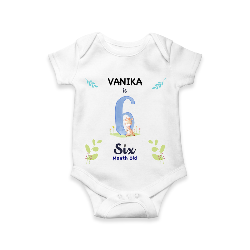 Celebrate The 6th Month Birthday Custom Romper/ Onesie, Personalized with your little one's name - WHITE - 0 - 3 Months Old (Chest 16")