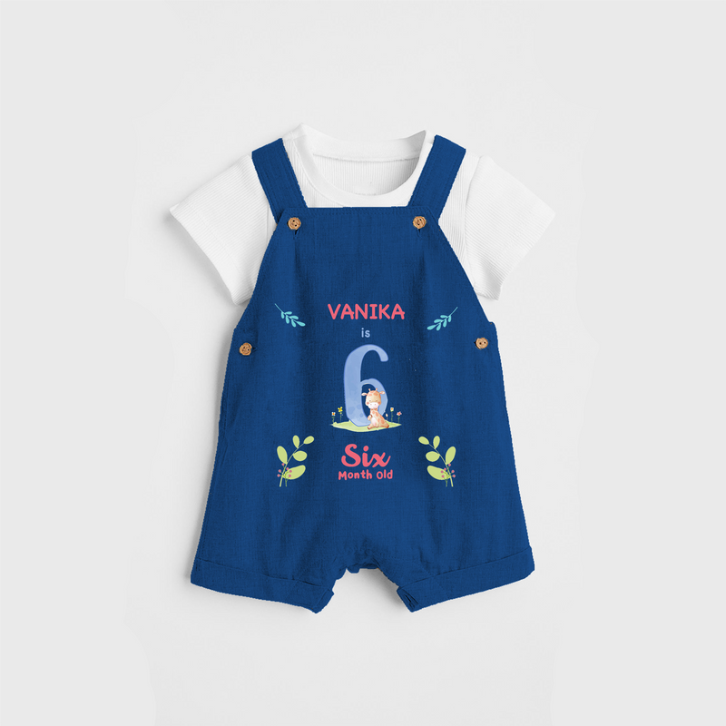 Celebrate The 6th Month Birthday Custom Dungaree set, Personalized with your little one's name - COBALT BLUE - 0 - 5 Months Old (Chest 17")