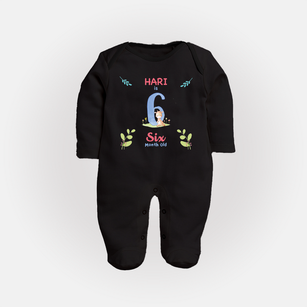 6 Month Milestone Baby Full Sleeve Bodysuit/ Sleep Suit/ Jumpsuit Outfit | Personalized Full Sleeve Bodysuit/ Sleep Suit/ Jumpsuit | Perfect for Photoshoots - BLACK - New Born (Chest 7.5")