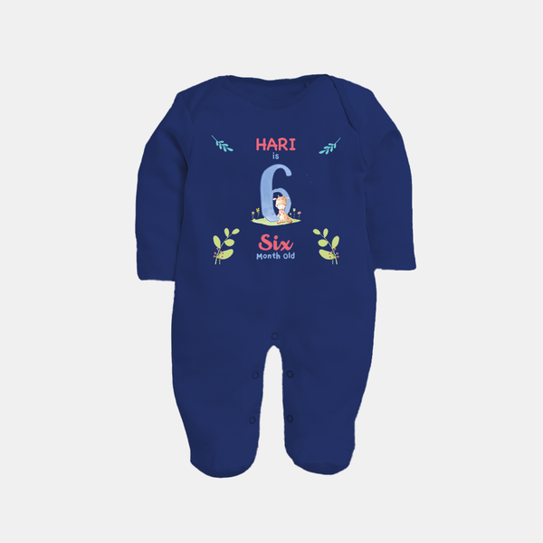 6 Month Milestone Baby Full Sleeve Bodysuit/ Sleep Suit/ Jumpsuit Outfit | Personalized Full Sleeve Bodysuit/ Sleep Suit/ Jumpsuit | Perfect for Photoshoots - NAVY BLUE - New Born (Chest 7.5")