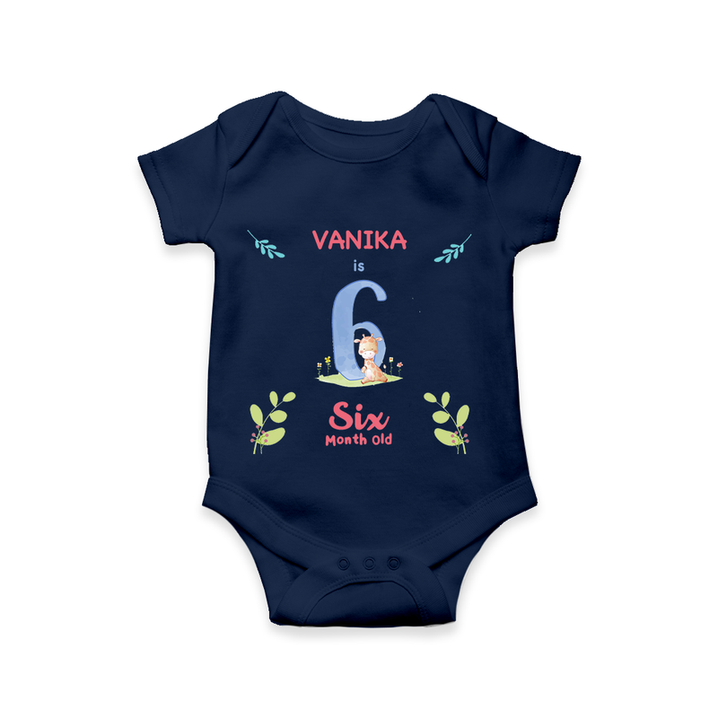 Celebrate The 6th Month Birthday Custom Romper/ Onesie, Personalized with your little one's name - NAVY BLUE - 0 - 3 Months Old (Chest 16")