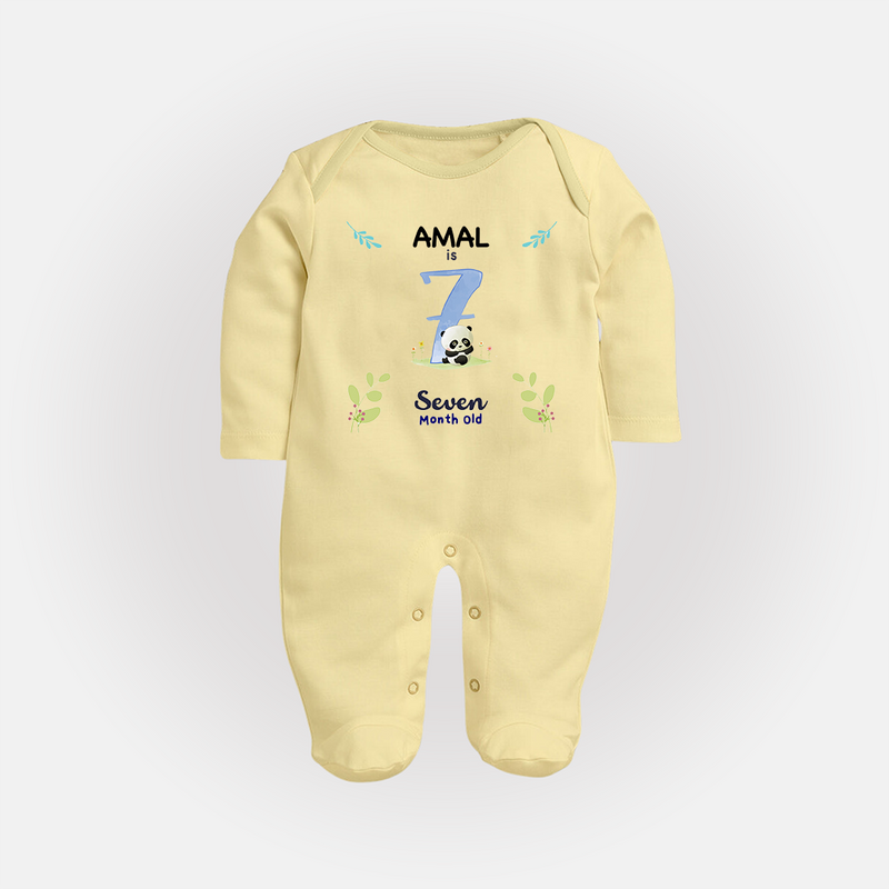 7 Month Milestone Baby Full Sleeve Bodysuit/ Sleep Suit/ Jumpsuit Outfit | Personalized Full Sleeve Bodysuit/ Sleep Suit/ Jumpsuit | Perfect for Photoshoots - PASTEL YELLOW - New Born (Chest 7.5")