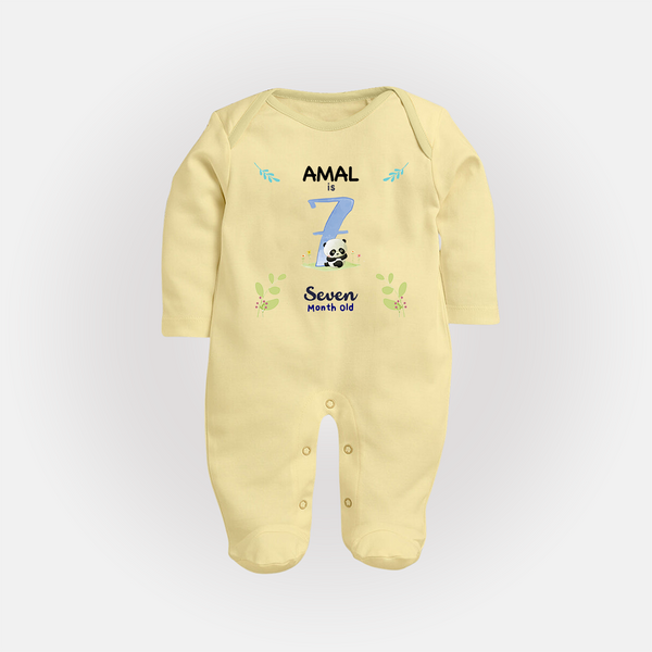 7 Month Milestone Baby Full Sleeve Bodysuit/ Sleep Suit/ Jumpsuit Outfit | Personalized Full Sleeve Bodysuit/ Sleep Suit/ Jumpsuit | Perfect for Photoshoots - PASTEL YELLOW - New Born (Chest 7.5")