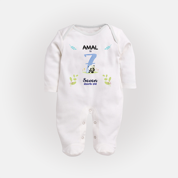 7 Month Milestone Baby Full Sleeve Bodysuit/ Sleep Suit/ Jumpsuit Outfit | Personalized Full Sleeve Bodysuit/ Sleep Suit/ Jumpsuit | Perfect for Photoshoots - WHITE - New Born (Chest 7.5")