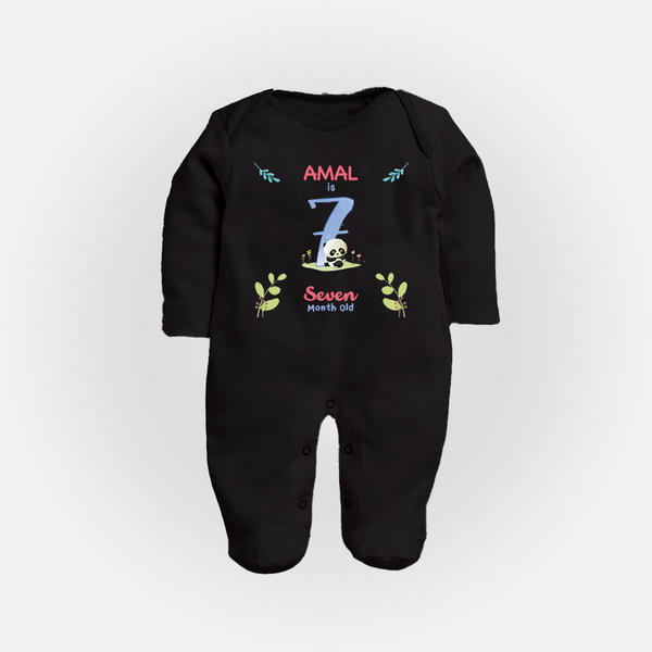 7 Month Milestone Baby Full Sleeve Bodysuit/ Sleep Suit/ Jumpsuit Outfit | Personalized Full Sleeve Bodysuit/ Sleep Suit/ Jumpsuit | Perfect for Photoshoots - BLACK - New Born (Chest 7.5")