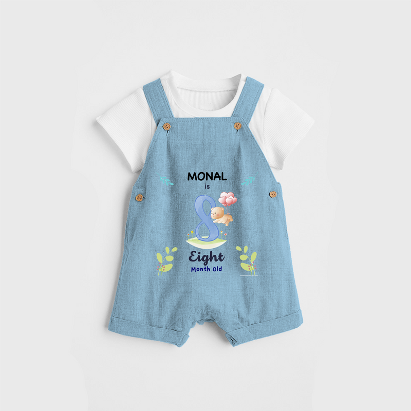 Celebrate The 8th Month Birthday Custom Dungaree set, Personalized with your little one's name - SKY BLUE - 0 - 5 Months Old (Chest 17")