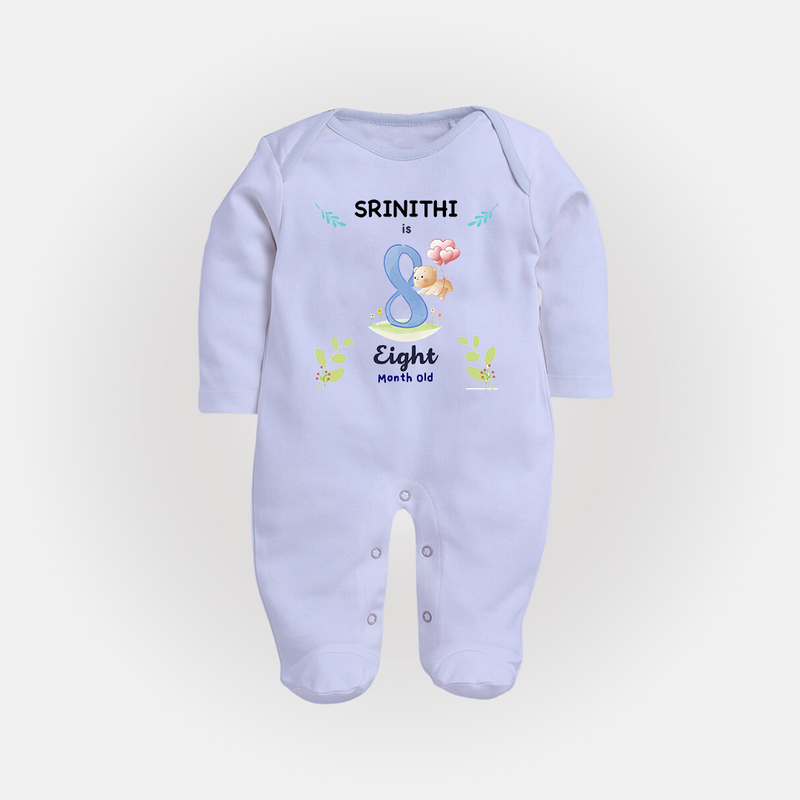 8 Month Milestone Baby Full Sleeve Bodysuit/ Sleep Suit/ Jumpsuit Outfit | Personalized Full Sleeve Bodysuit/ Sleep Suit/ Jumpsuit | Perfect for Photoshoots - BABY BLUE - New Born (Chest 7.5")