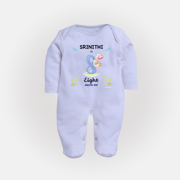 8 Month Milestone Baby Full Sleeve Bodysuit/ Sleep Suit/ Jumpsuit Outfit | Personalized Full Sleeve Bodysuit/ Sleep Suit/ Jumpsuit | Perfect for Photoshoots - BABY BLUE - New Born (Chest 7.5")