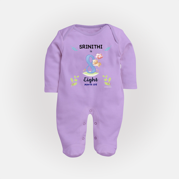 8 Month Milestone Baby Full Sleeve Bodysuit/ Sleep Suit/ Jumpsuit Outfit | Personalized Full Sleeve Bodysuit/ Sleep Suit/ Jumpsuit | Perfect for Photoshoots - LILAC - New Born (Chest 7.5")