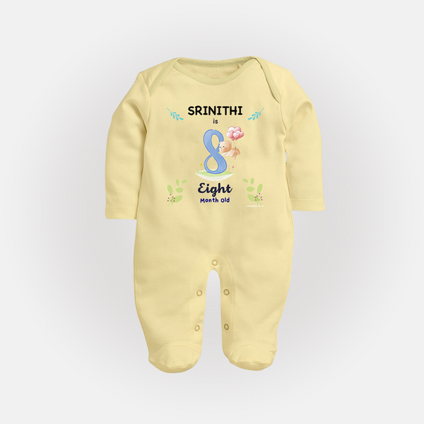8 Month Milestone Baby Full Sleeve Bodysuit/ Sleep Suit/ Jumpsuit Outfit | Personalized Full Sleeve Bodysuit/ Sleep Suit/ Jumpsuit | Perfect for Photoshoots - PASTEL YELLOW - New Born (Chest 7.5")