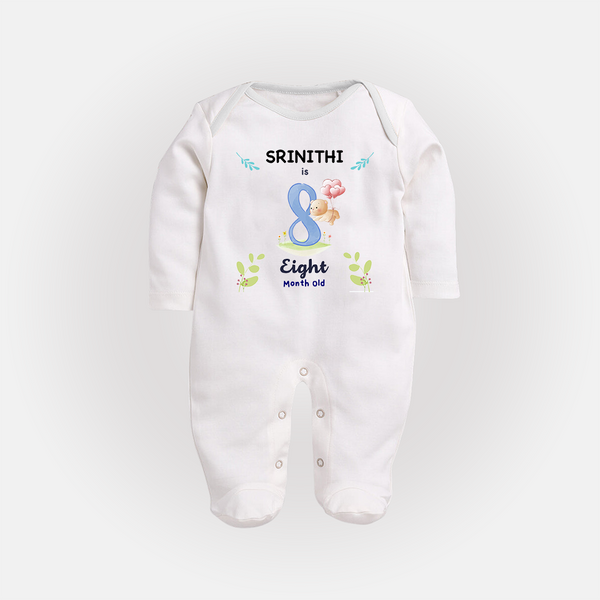 8 Month Milestone Baby Full Sleeve Bodysuit/ Sleep Suit/ Jumpsuit Outfit | Personalized Full Sleeve Bodysuit/ Sleep Suit/ Jumpsuit | Perfect for Photoshoots - WHITE - New Born (Chest 7.5")