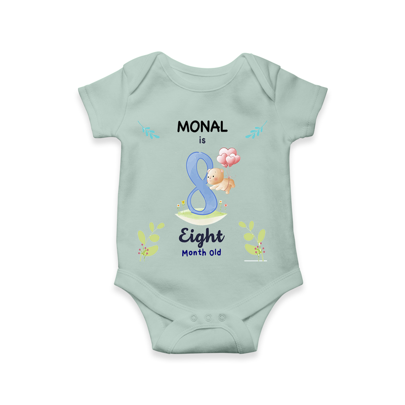 Celebrate The 8th Month Birthday Custom Romper/ Onesie, Personalized with your little one's name - MINT GREEN - 0 - 3 Months Old (Chest 16")
