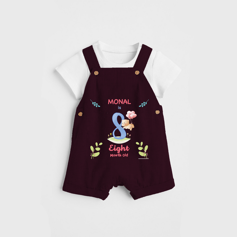 Celebrate The 8th Month Birthday Custom Dungaree set, Personalized with your little one's name - MAROON - 0 - 5 Months Old (Chest 17")