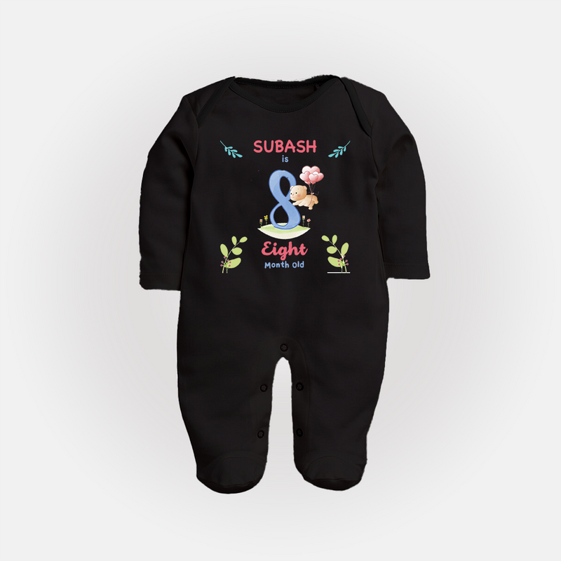 8 Month Milestone Baby Full Sleeve Bodysuit/ Sleep Suit/ Jumpsuit Outfit | Personalized Full Sleeve Bodysuit/ Sleep Suit/ Jumpsuit | Perfect for Photoshoots - BLACK - New Born (Chest 7.5")