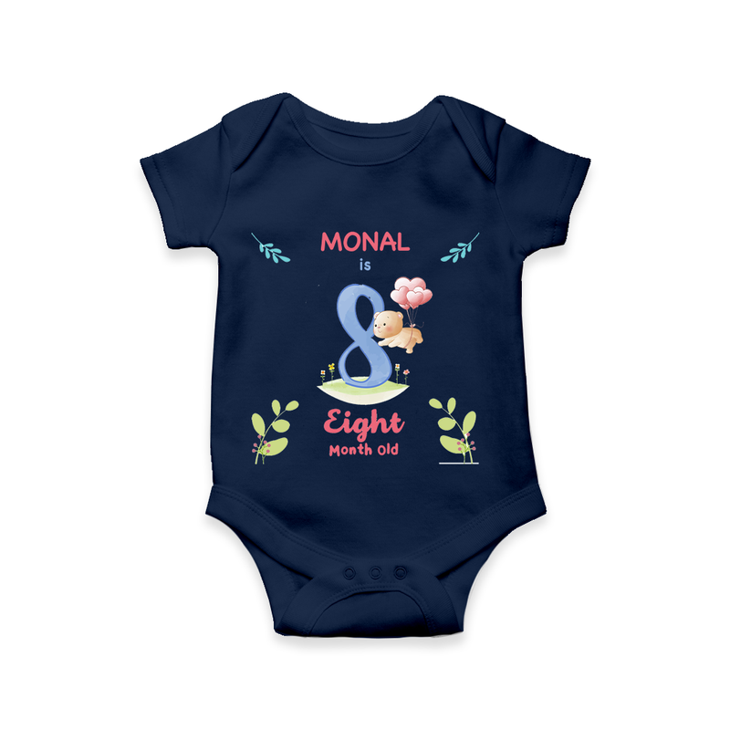 Celebrate The 8th Month Birthday Custom Romper/ Onesie, Personalized with your little one's name - NAVY BLUE - 0 - 3 Months Old (Chest 16")