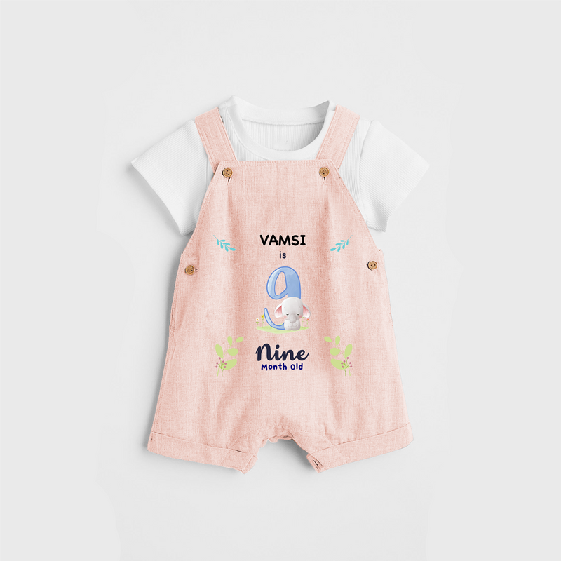 Celebrate The 9th Month Birthday Custom Dungaree set, Personalized with your little one's name - PEACH - 0 - 5 Months Old (Chest 17")