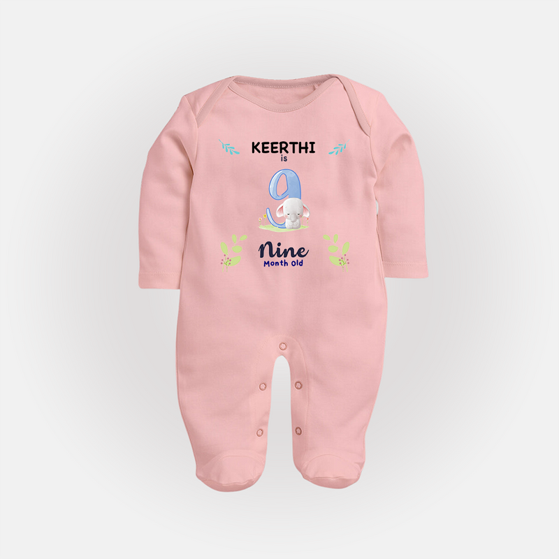 9 Month Milestone Baby Full Sleeve Bodysuit/ Sleep Suit/ Jumpsuit Outfit | Personalized Full Sleeve Bodysuit/ Sleep Suit/ Jumpsuit | Perfect for Photoshoots - BABY PINK - New Born (Chest 7.5")
