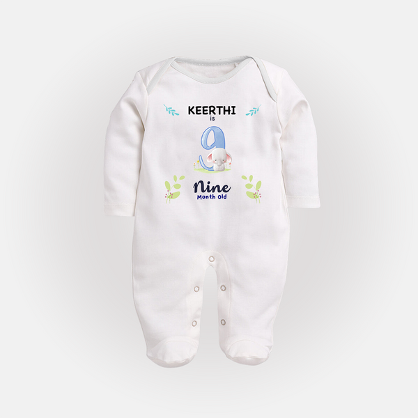 9 Month Milestone Baby Full Sleeve Bodysuit/ Sleep Suit/ Jumpsuit Outfit | Personalized Full Sleeve Bodysuit/ Sleep Suit/ Jumpsuit | Perfect for Photoshoots - WHITE - New Born (Chest 7.5")