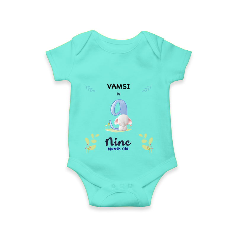 Celebrate The 9th Month Birthday Custom Romper/ Onesie, Personalized with your little one's name - ARCTIC BLUE - 0 - 3 Months Old (Chest 16")