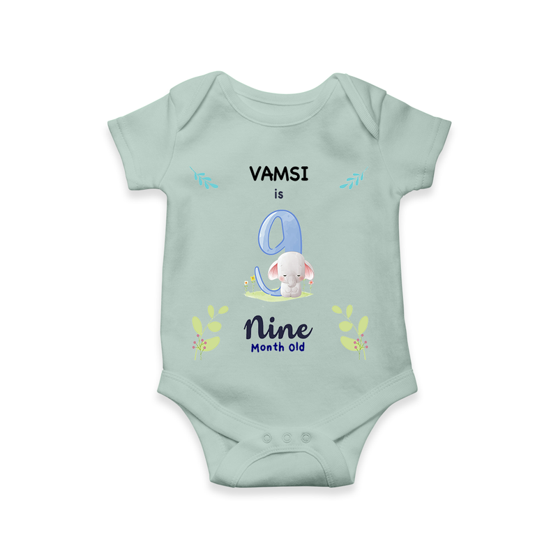 Celebrate The 9th Month Birthday Custom Romper/ Onesie, Personalized with your little one's name - MINT GREEN - 0 - 3 Months Old (Chest 16")