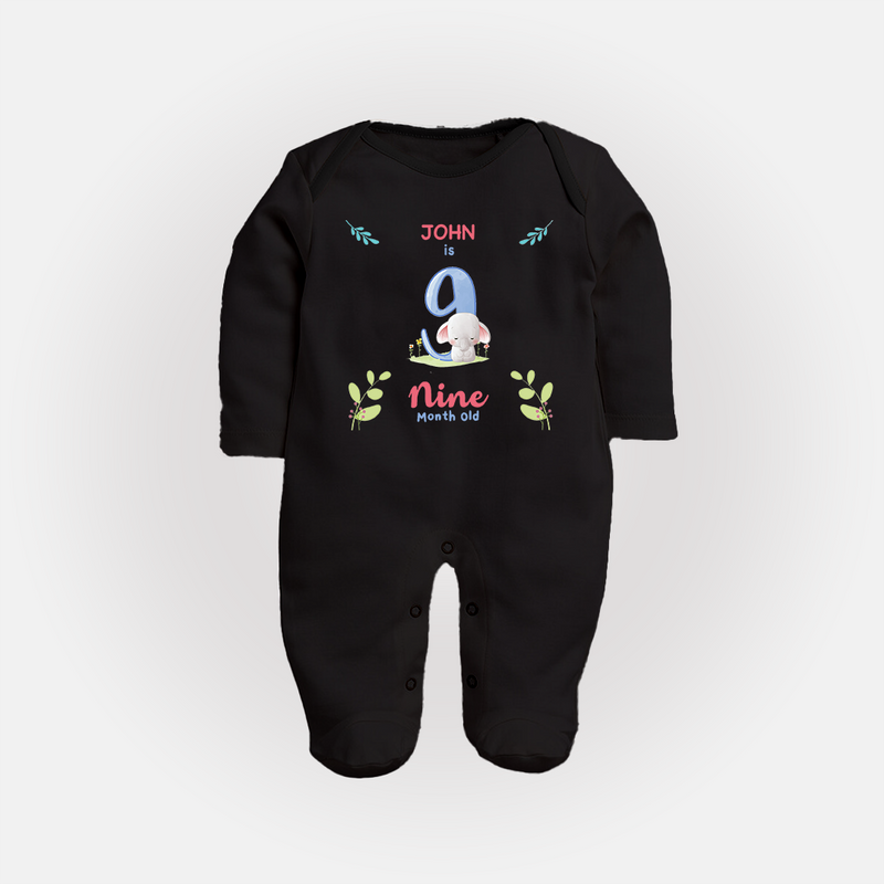 9 Month Milestone Baby Full Sleeve Bodysuit/ Sleep Suit/ Jumpsuit Outfit | Personalized Full Sleeve Bodysuit/ Sleep Suit/ Jumpsuit | Perfect for Photoshoots - BLACK - New Born (Chest 7.5")