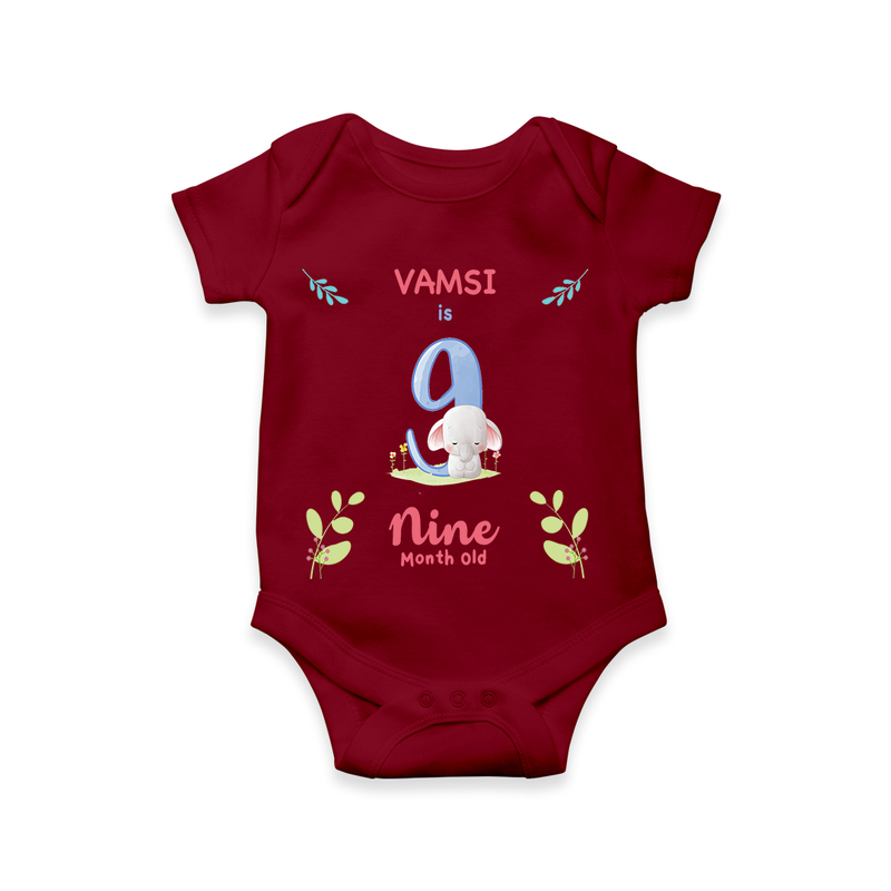 Celebrate The 9th Month Birthday Custom Romper/ Onesie, Personalized with your little one's name - MAROON - 0 - 3 Months Old (Chest 16")