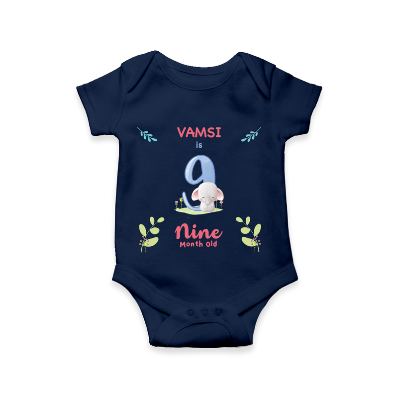 Celebrate The 9th Month Birthday Custom Romper/ Onesie, Personalized with your little one's name - NAVY BLUE - 0 - 3 Months Old (Chest 16")