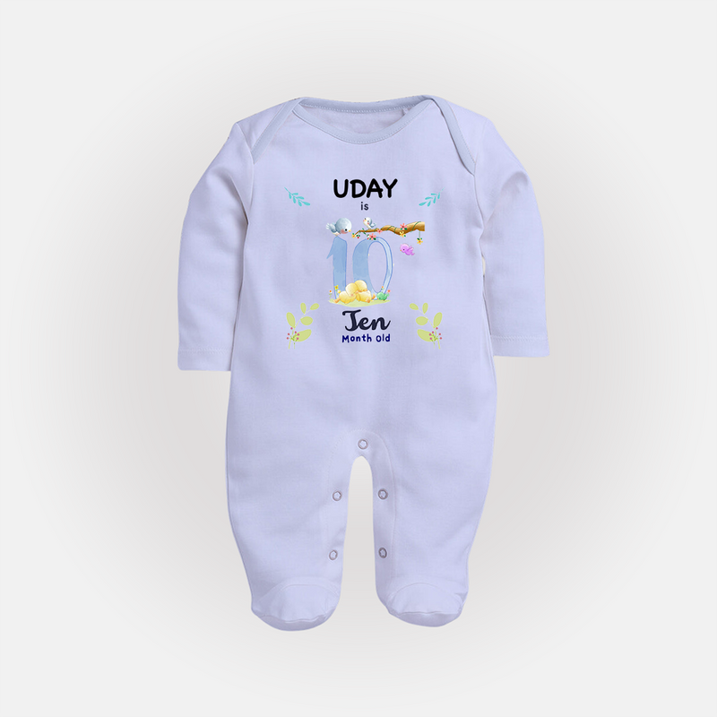 10 Month Milestone Baby Full Sleeve Bodysuit/ Sleep Suit/ Jumpsuit Outfit | Personalized Full Sleeve Bodysuit/ Sleep Suit/ Jumpsuit | Perfect for Photoshoots - BABY BLUE - New Born (Chest 7.5")