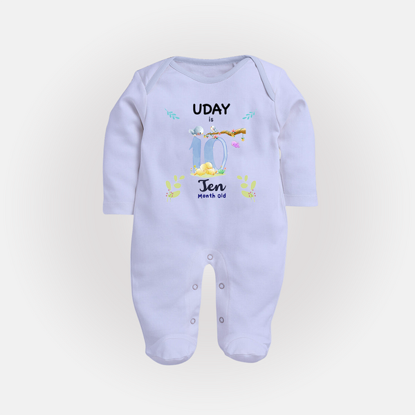 10 Month Milestone Baby Full Sleeve Bodysuit/ Sleep Suit/ Jumpsuit Outfit | Personalized Full Sleeve Bodysuit/ Sleep Suit/ Jumpsuit | Perfect for Photoshoots - BABY BLUE - New Born (Chest 7.5")
