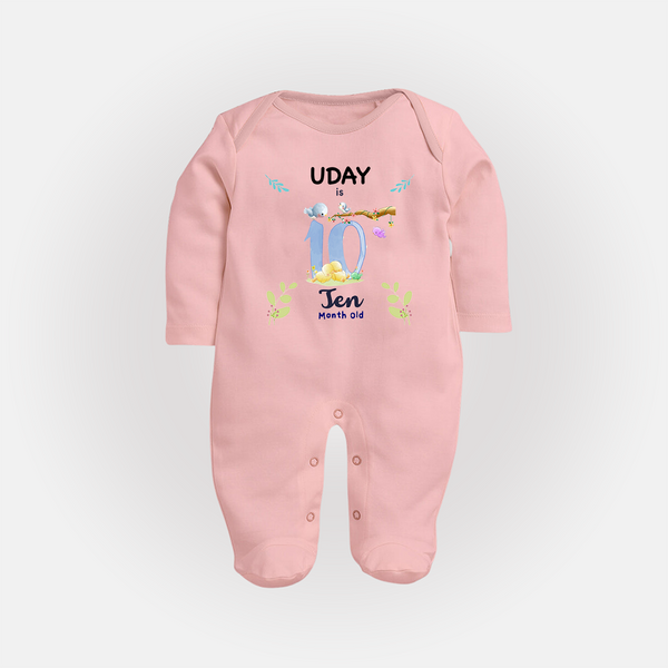 10 Month Milestone Baby Full Sleeve Bodysuit/ Sleep Suit/ Jumpsuit Outfit | Personalized Full Sleeve Bodysuit/ Sleep Suit/ Jumpsuit | Perfect for Photoshoots - BABY PINK - New Born (Chest 7.5")
