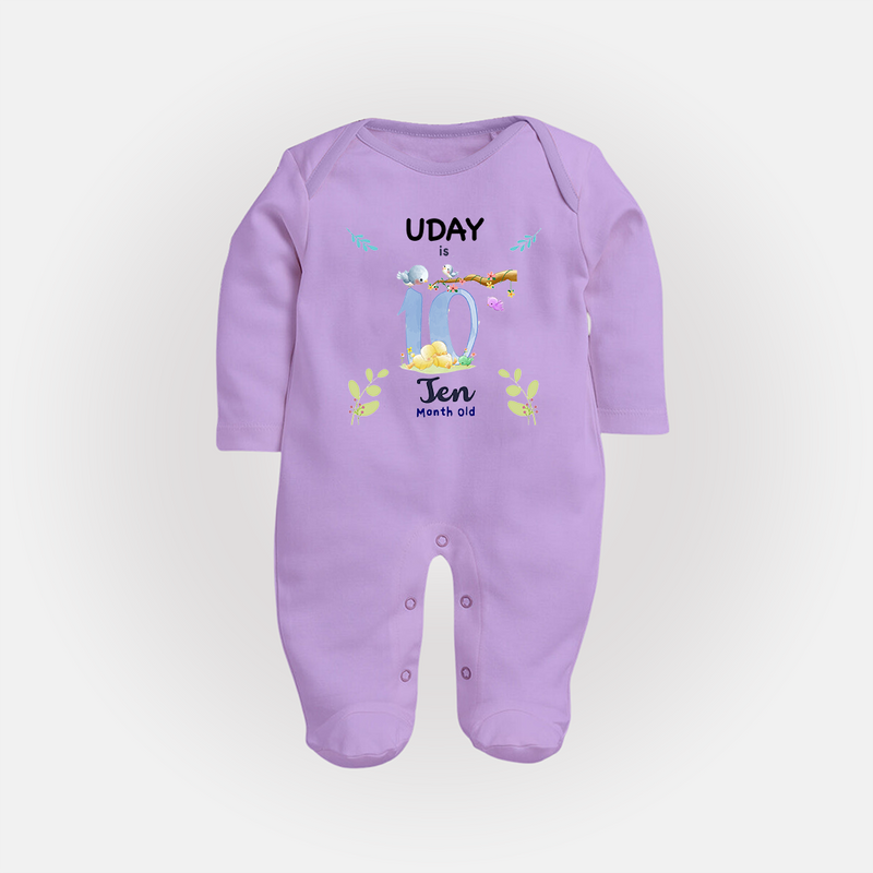 10 Month Milestone Baby Full Sleeve Bodysuit/ Sleep Suit/ Jumpsuit Outfit | Personalized Full Sleeve Bodysuit/ Sleep Suit/ Jumpsuit | Perfect for Photoshoots - LILAC - New Born (Chest 7.5")