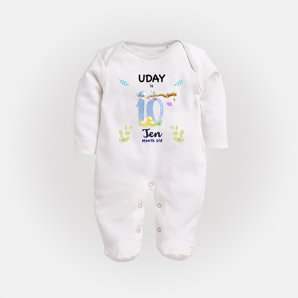 10 Month Milestone Baby Full Sleeve Bodysuit/ Sleep Suit/ Jumpsuit Outfit | Personalized Full Sleeve Bodysuit/ Sleep Suit/ Jumpsuit | Perfect for Photoshoots - WHITE - New Born (Chest 7.5")