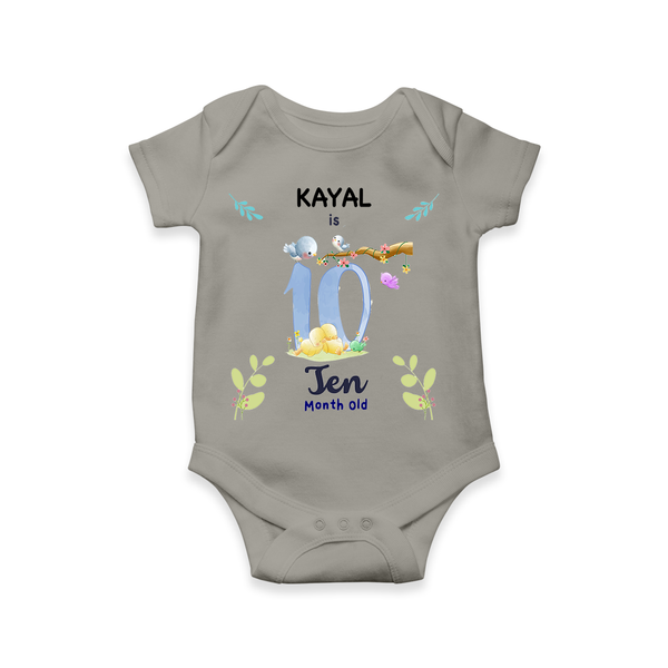 Celebrate The 10th Month Birthday Custom Romper/ Onesie, Personalized with your little one's name - GREY - 0 - 3 Months Old (Chest 16")