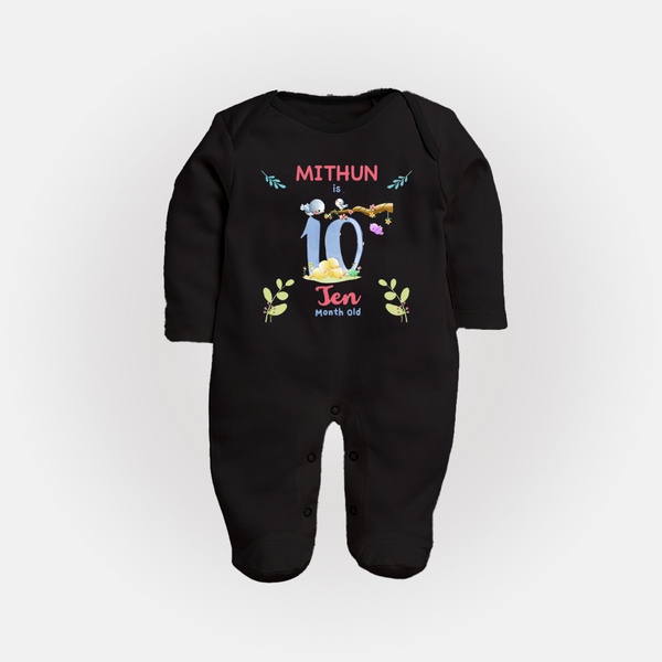 10 Month Milestone Baby Full Sleeve Bodysuit/ Sleep Suit/ Jumpsuit Outfit | Personalized Full Sleeve Bodysuit/ Sleep Suit/ Jumpsuit | Perfect for Photoshoots - BLACK - New Born (Chest 7.5")