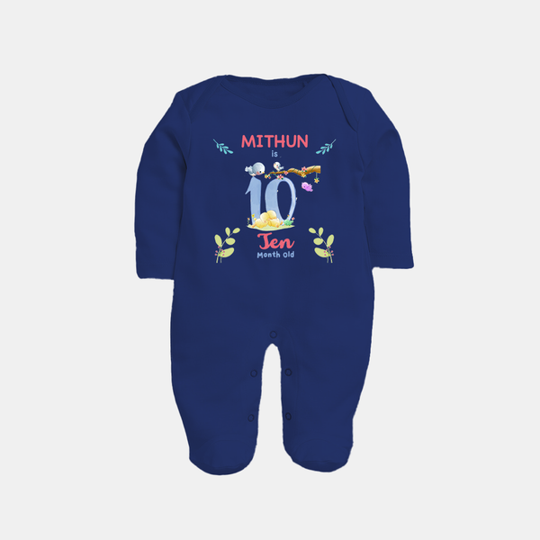 10 Month Milestone Baby Full Sleeve Bodysuit/ Sleep Suit/ Jumpsuit Outfit | Personalized Full Sleeve Bodysuit/ Sleep Suit/ Jumpsuit | Perfect for Photoshoots - NAVY BLUE - New Born (Chest 7.5")