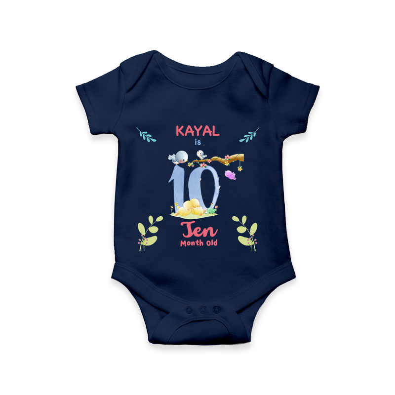 Celebrate The 10th Month Birthday Custom Romper/ Onesie, Personalized with your little one's name - NAVY BLUE - 0 - 3 Months Old (Chest 16")